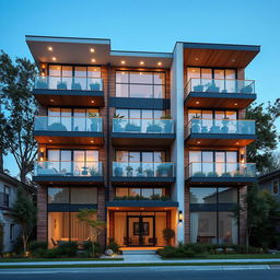 A beautifully designed modern triplex building showcasing three distinct levels, each with large windows and balconies adorned with plants