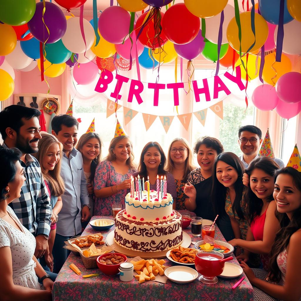 A vibrant birthday party scene featuring a joyfully decorated space with colorful balloons and streamers