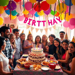 A vibrant birthday party scene featuring a joyfully decorated space with colorful balloons and streamers