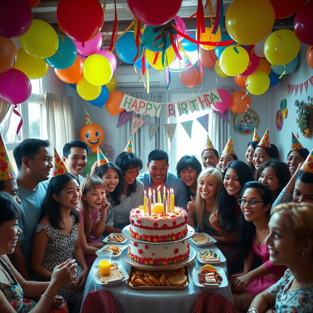 A vibrant birthday party scene featuring a joyfully decorated space with colorful balloons and streamers