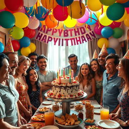 A vibrant birthday party scene featuring a joyfully decorated space with colorful balloons and streamers