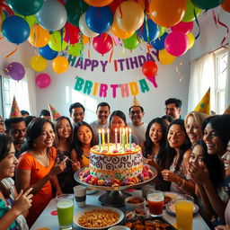 A vibrant birthday party scene featuring a joyfully decorated space with colorful balloons and streamers