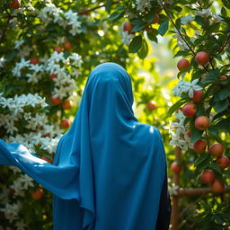 A woman seen from behind wearing a flowing blue hijab, surrounded by an abundance of white jasmine flowers and vibrant heavenly apples