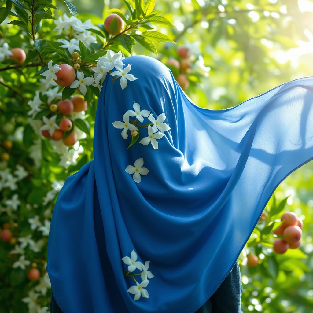 A woman seen from behind wearing a flowing blue hijab, surrounded by an abundance of white jasmine flowers and vibrant heavenly apples