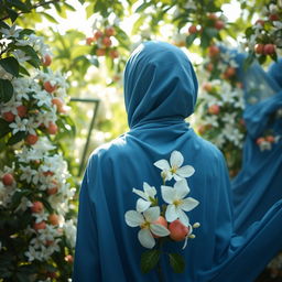 A woman seen from behind wearing a flowing blue hijab, surrounded by an abundance of white jasmine flowers and vibrant heavenly apples