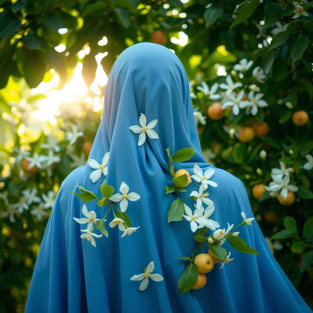 A woman seen from behind wearing a flowing blue hijab, surrounded by an abundance of white jasmine flowers and vibrant heavenly apples