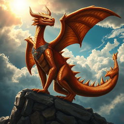 A majestic copper dragonborn with shimmering copper scales that glimmer in the light