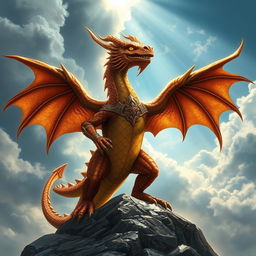 A majestic copper dragonborn with shimmering copper scales that glimmer in the light
