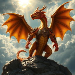 A majestic copper dragonborn with shimmering copper scales that glimmer in the light
