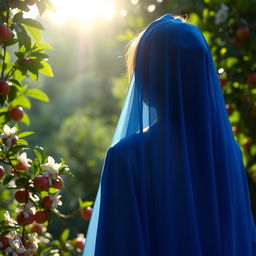 A silhouette of a woman in a beautiful blue chador, seen from the back, surrounded by blooming jasmine flowers and heavenly apples