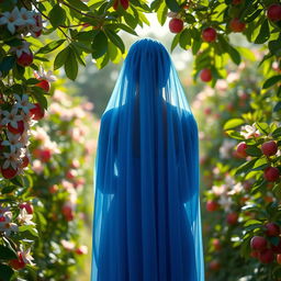 A silhouette of a woman in a beautiful blue chador, seen from the back, surrounded by blooming jasmine flowers and heavenly apples