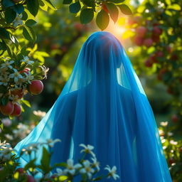 A silhouette of a woman in a beautiful blue chador, seen from the back, surrounded by blooming jasmine flowers and heavenly apples