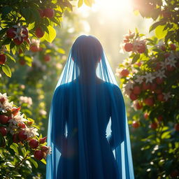 A silhouette of a woman in a beautiful blue chador, seen from the back, surrounded by blooming jasmine flowers and heavenly apples