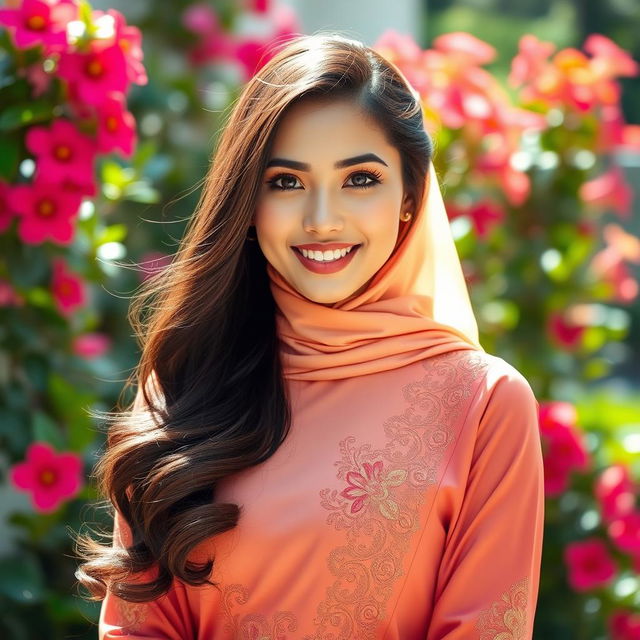 A beautiful, sexy Asian woman wearing elegant and stylish traditional Muslim attire, emphasizing her graceful beauty