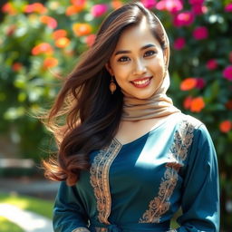 A beautiful, sexy Asian woman wearing elegant and stylish traditional Muslim attire, emphasizing her graceful beauty
