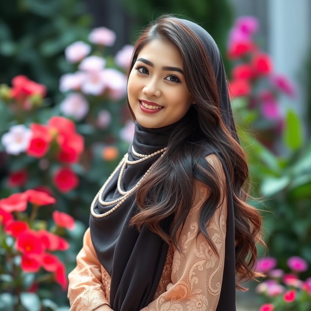 A beautiful, sexy Asian woman wearing elegant and stylish traditional Muslim attire, emphasizing her graceful beauty