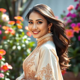 A beautiful, sexy Asian woman wearing elegant and stylish traditional Muslim attire, emphasizing her graceful beauty
