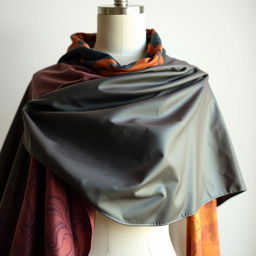 A close-up image of a stylish cape draped elegantly over a mannequin or model