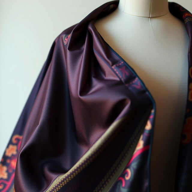 A close-up image of a stylish cape draped elegantly over a mannequin or model