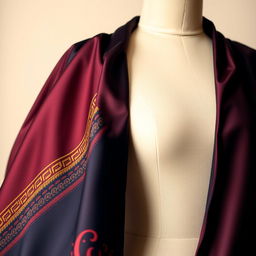 A close-up image of a stylish cape draped elegantly over a mannequin or model