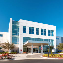 A modern hospital featuring a sleek, rectangular architectural design, characterized by large glass windows that allow natural light to fill the interior spaces