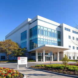 A modern hospital featuring a sleek, rectangular architectural design, characterized by large glass windows that allow natural light to fill the interior spaces
