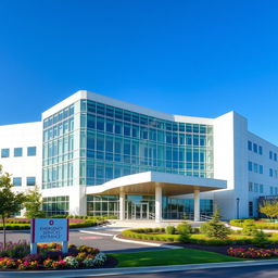 A modern hospital featuring a sleek, rectangular architectural design, characterized by large glass windows that allow natural light to fill the interior spaces