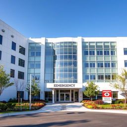 A modern hospital featuring a sleek, rectangular architectural design, characterized by large glass windows that allow natural light to fill the interior spaces