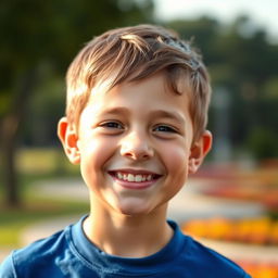A portrait of a young boy, smiling brightly, with a clear and joyful expression