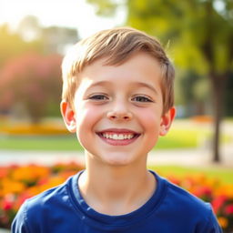 A portrait of a young boy, smiling brightly, with a clear and joyful expression