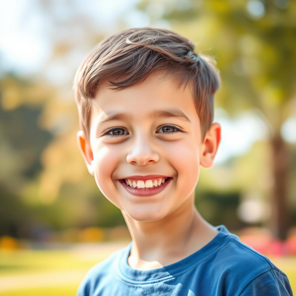 A portrait of a young boy, smiling brightly, with a clear and joyful expression