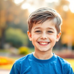 A portrait of a young boy, smiling brightly, with a clear and joyful expression