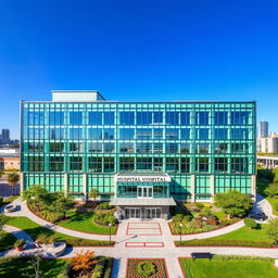 A modern rectangular-shaped hospital building, featuring a sleek glass facade, extensive green spaces around it, and a large entrance with automatic sliding doors