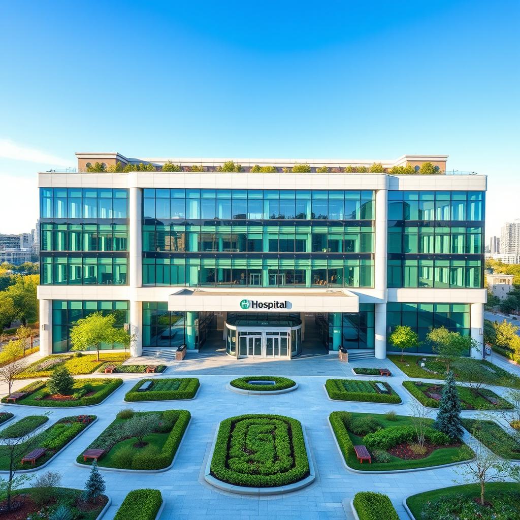 A modern rectangular-shaped hospital building, featuring a sleek glass facade, extensive green spaces around it, and a large entrance with automatic sliding doors