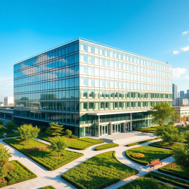 A modern rectangular-shaped hospital building, featuring a sleek glass facade, extensive green spaces around it, and a large entrance with automatic sliding doors