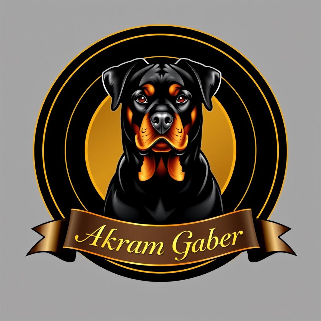 A luxurious logo design featuring a Rottweiler dog prominently positioned in the center