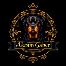 A luxurious logo featuring a majestic Rottweiler dog positioned prominently in the center, encircled by an elegant circular frame