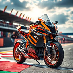 A high-performance KTM racing motorcycle, glistening under the sunlight, parked on a vibrant racetrack, showcasing its sleek aerodynamic design with distinctive orange and black colors