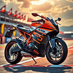 A high-performance KTM racing motorcycle, glistening under the sunlight, parked on a vibrant racetrack, showcasing its sleek aerodynamic design with distinctive orange and black colors