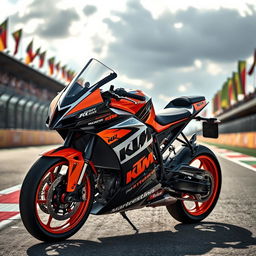 A high-performance KTM racing motorcycle, glistening under the sunlight, parked on a vibrant racetrack, showcasing its sleek aerodynamic design with distinctive orange and black colors