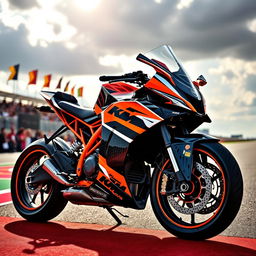 A high-performance KTM racing motorcycle, glistening under the sunlight, parked on a vibrant racetrack, showcasing its sleek aerodynamic design with distinctive orange and black colors