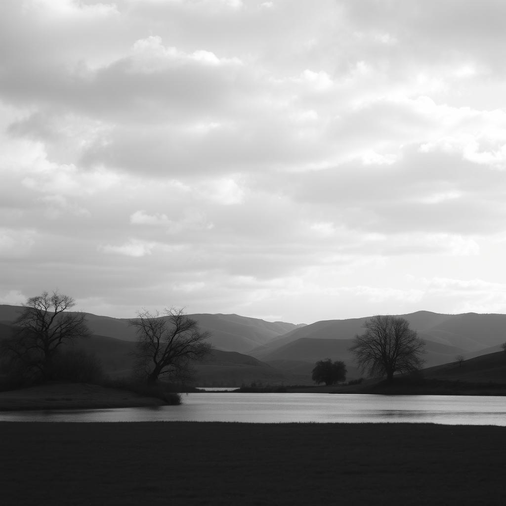 A high resolution, black and white image of a serene landscape featuring rolling hills under a cloudy sky