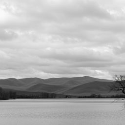 A high resolution, black and white image of a serene landscape featuring rolling hills under a cloudy sky