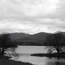 A high resolution, black and white image of a serene landscape featuring rolling hills under a cloudy sky