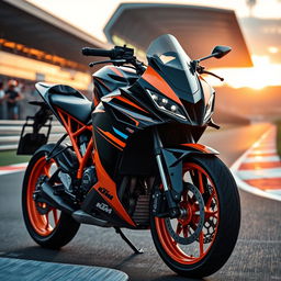 A striking KTM RC 200 motorcycle, prominently displayed on a dynamic racetrack setting