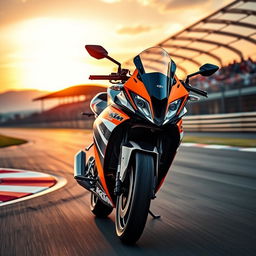 A striking KTM RC 200 motorcycle, prominently displayed on a dynamic racetrack setting