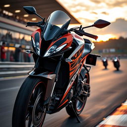 A striking KTM RC 200 motorcycle, prominently displayed on a dynamic racetrack setting