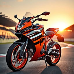 A striking KTM RC 200 motorcycle, prominently displayed on a dynamic racetrack setting