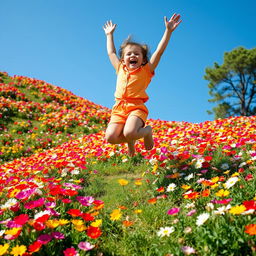 A joyful child leaping joyfully into the air on a hillside covered with colorful flowers