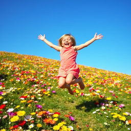 A joyful child leaping joyfully into the air on a hillside covered with colorful flowers